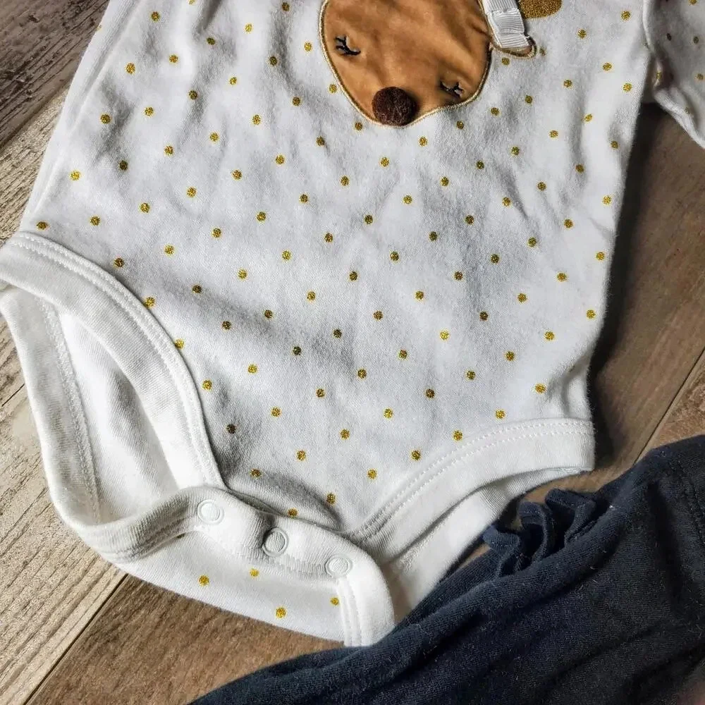 Baby Girl Reindeer Gold Polka Dot Outfit with Headband Size 3-6M
